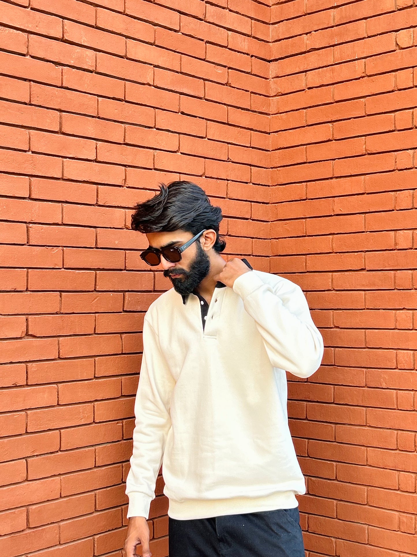 Beige with Black multicolor Polo Collar Long Sleeves Sweatshirt