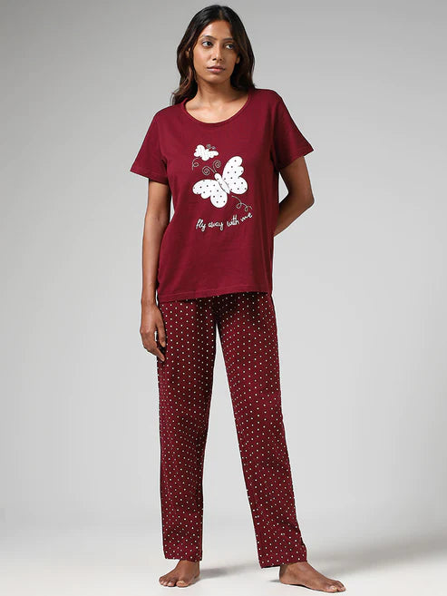Maroon Butterfly Printed Night Suit