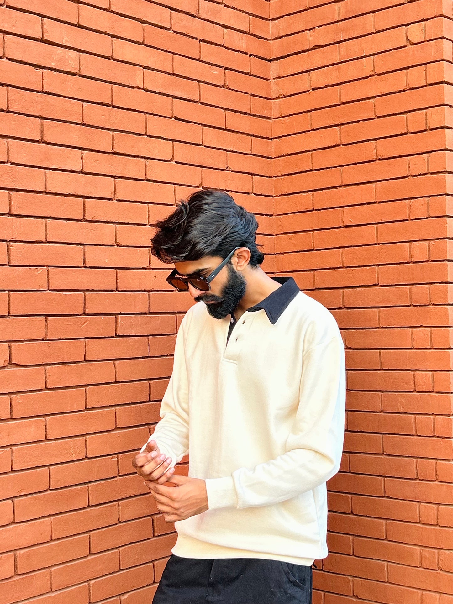 Beige with Black multicolor Polo Collar Long Sleeves Sweatshirt