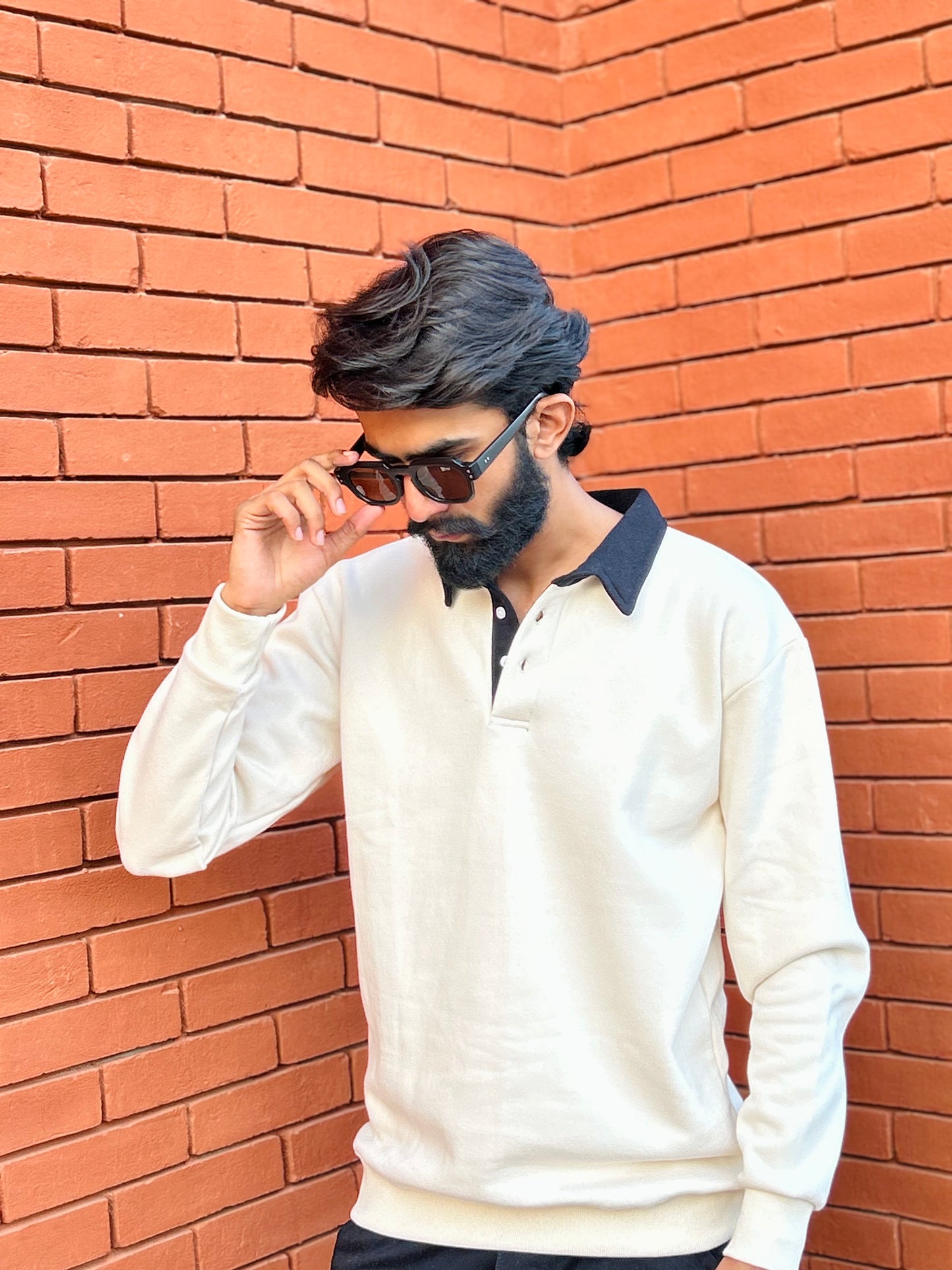 Beige with Black multicolor Polo Collar Long Sleeves Sweatshirt