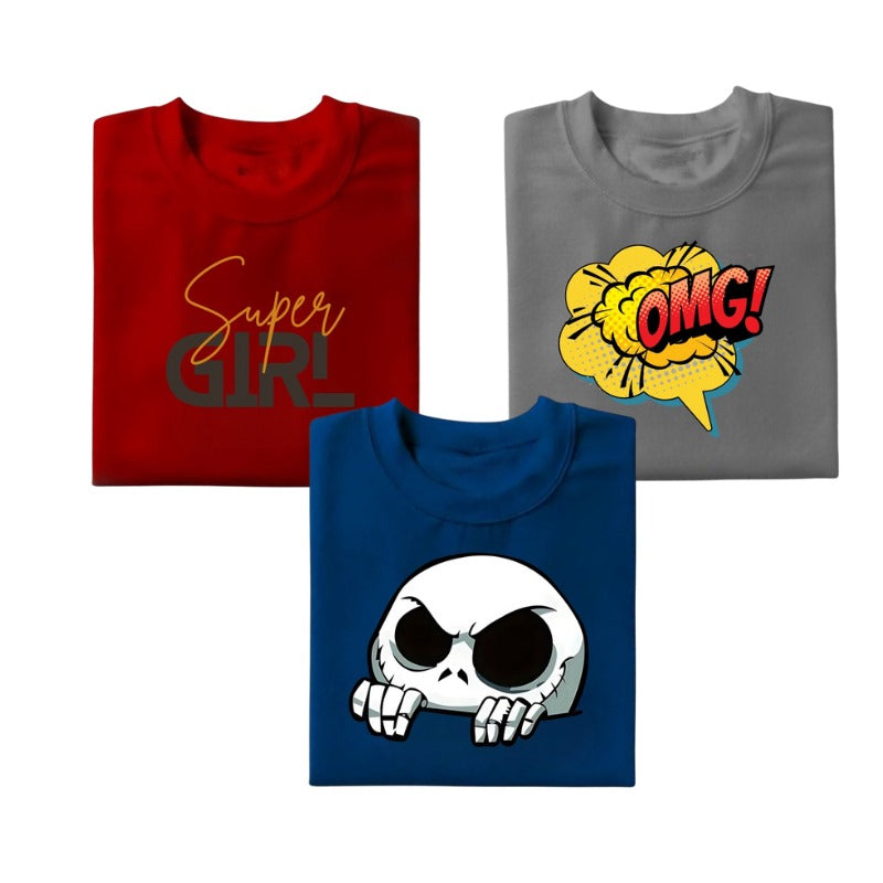 Pack of Three Girl Omg Skull Printed T-Shirt for kids