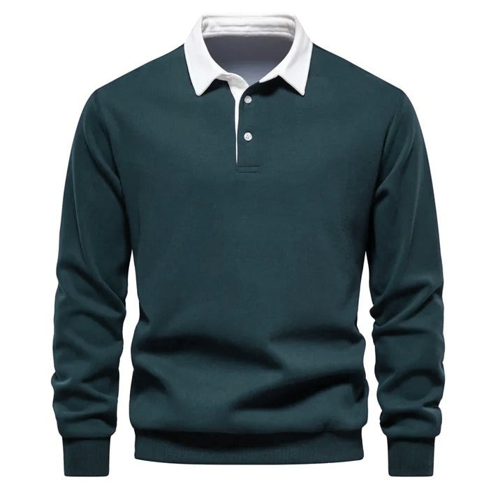 Green with white multicolor Polo Collar Long Sleeves Sweatshirt