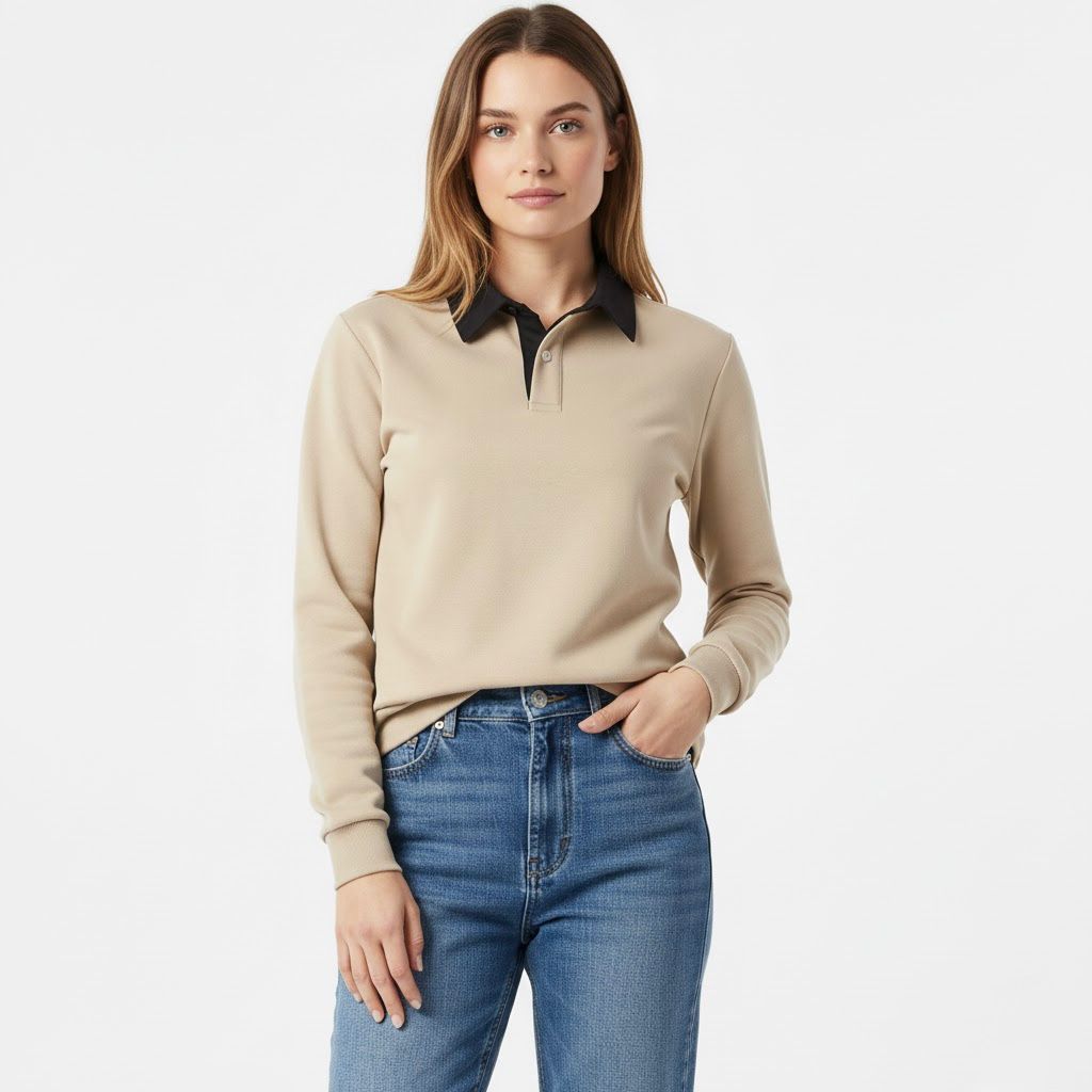 Beige with Black Collar Fleece Polo For Women