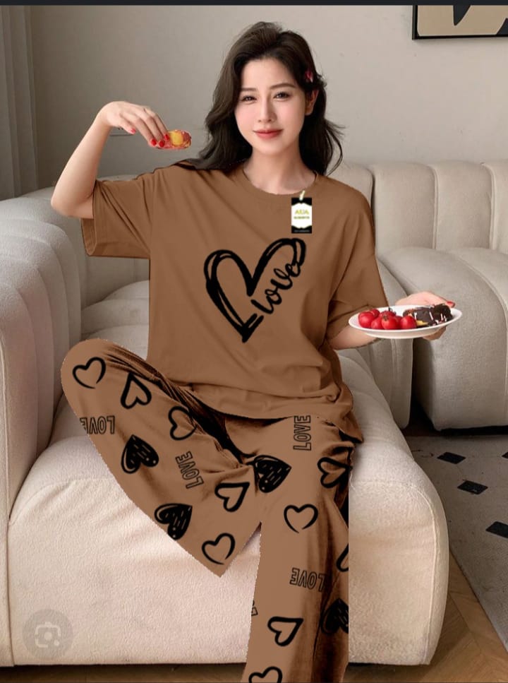 Brown Love Heart Printed Pj set