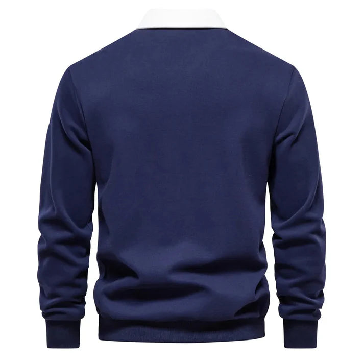 Navy blue with white multicolor Polo Collar Long Sleeves Sweatshirt