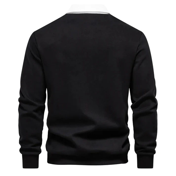 Black with white multicolor Polo Collar Long Sleeves Sweatshirt