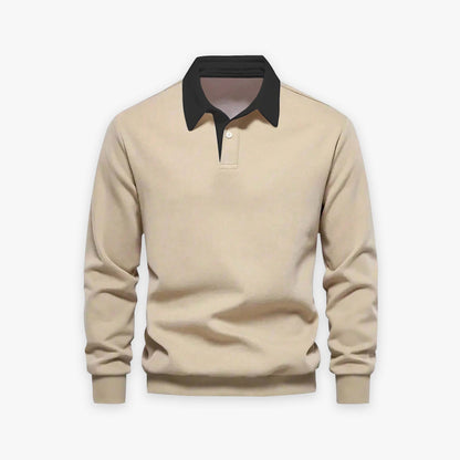Beige  with Black  multicolor Polo Collar Long Sleeves Sweatshirt