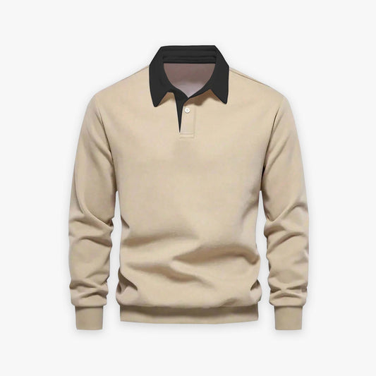 Beige  with Black  multicolor Polo Collar Long Sleeves Sweatshirt