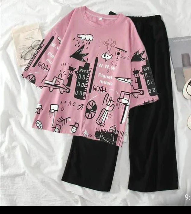 Pink Planet Music With Black Pajama Printed Night Suit