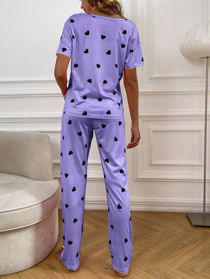 Puple with Black Tiny Hearts Printed Night Suit