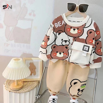 white Bear pocket Print Sweatshirt With Trouser For Kids