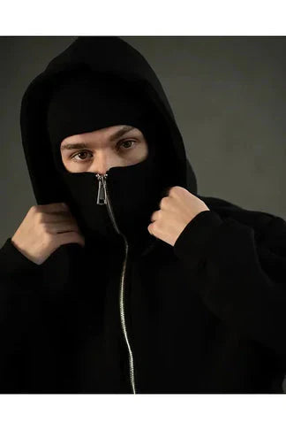 Black Balaclava Ninja Zipper Hoodie Jacket For Men