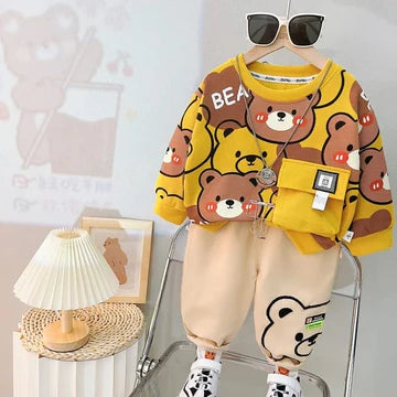 yellow Bear pocket Print Sweatshirt With Trouser For Kids