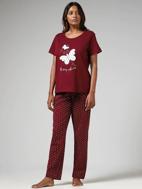 Maroon Butterfly Printed  Pj set