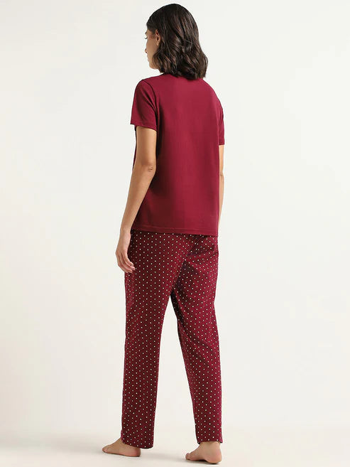 Maroon Stay Cute Printed Night Suit