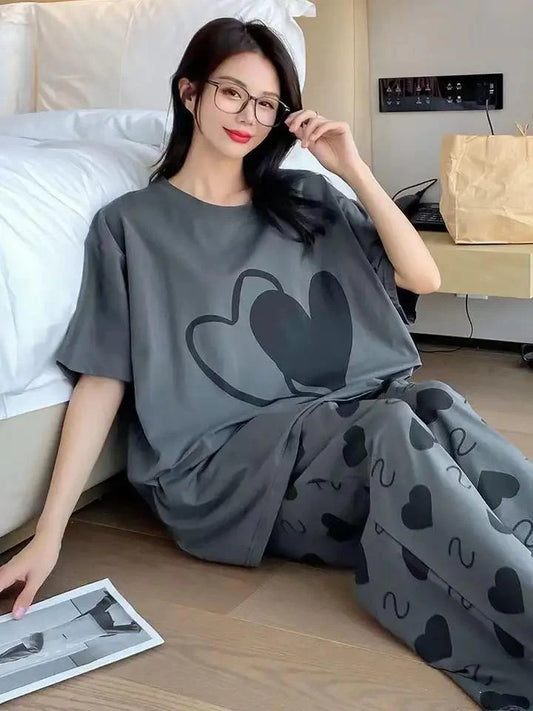 Double Heart Printed Night Suit -STEEL GREY