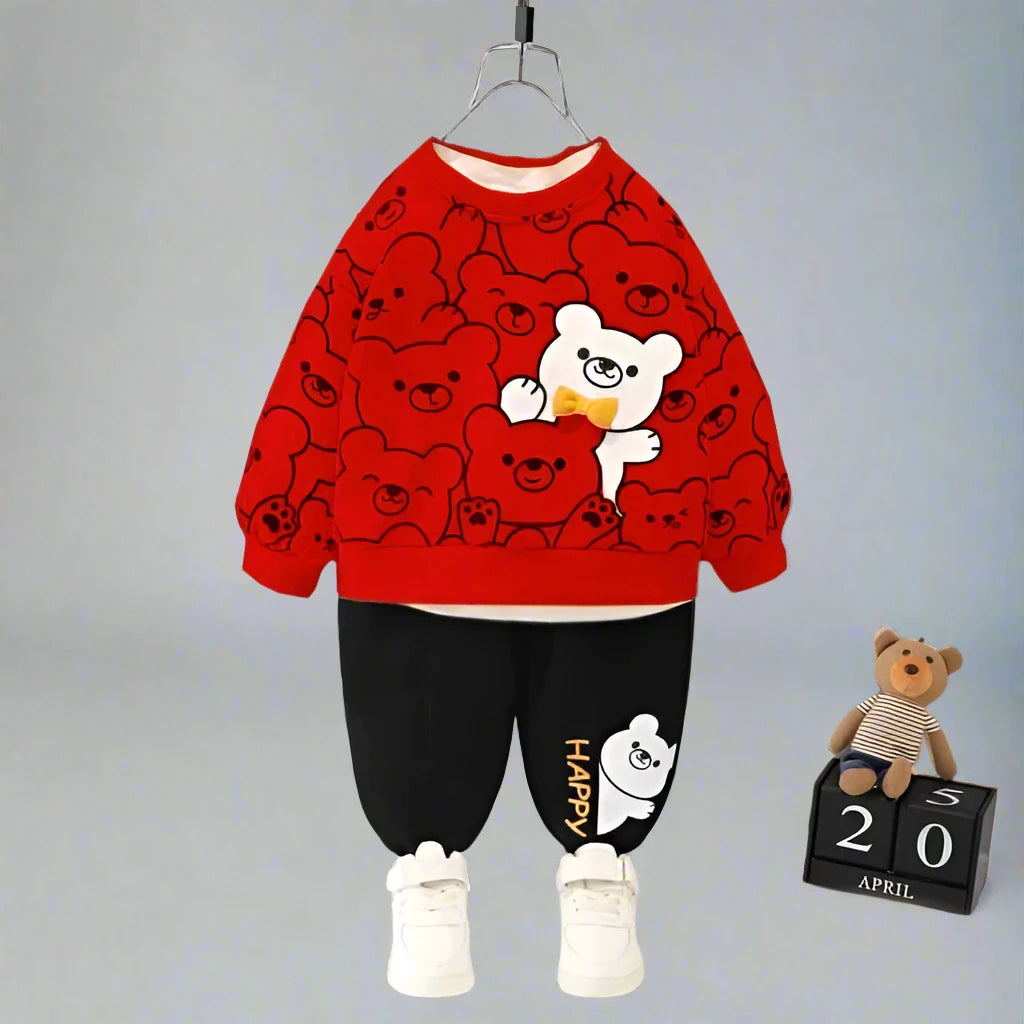 Red Bears Print Sweatshirt With Trouser For Kids