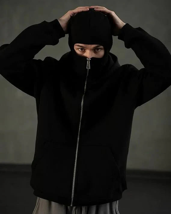 Black Balaclava Ninja Zipper Hoodie Jacket For Men