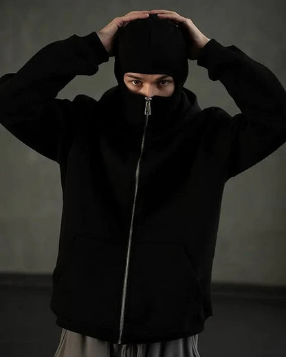 Black Balaclava Ninja Zipper Hoodie Jacket For Men