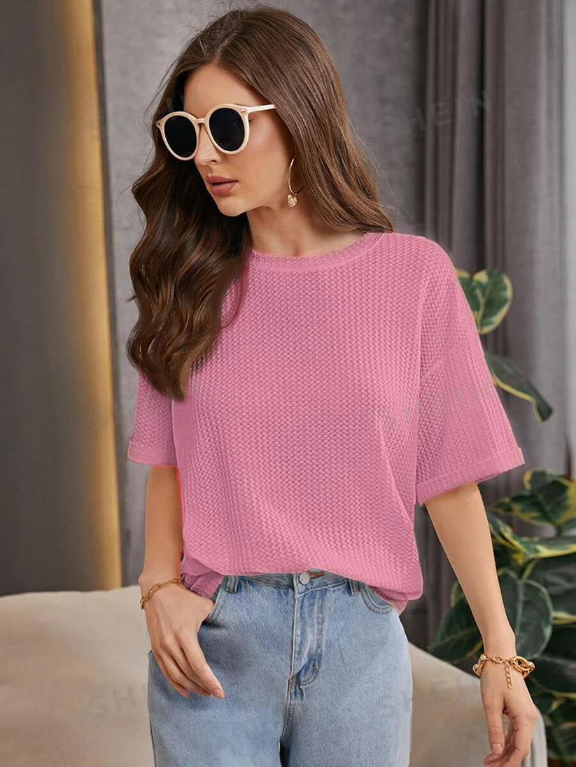 STYLOPHY - Premium Oversized Waffle Knitted Tee - Pink