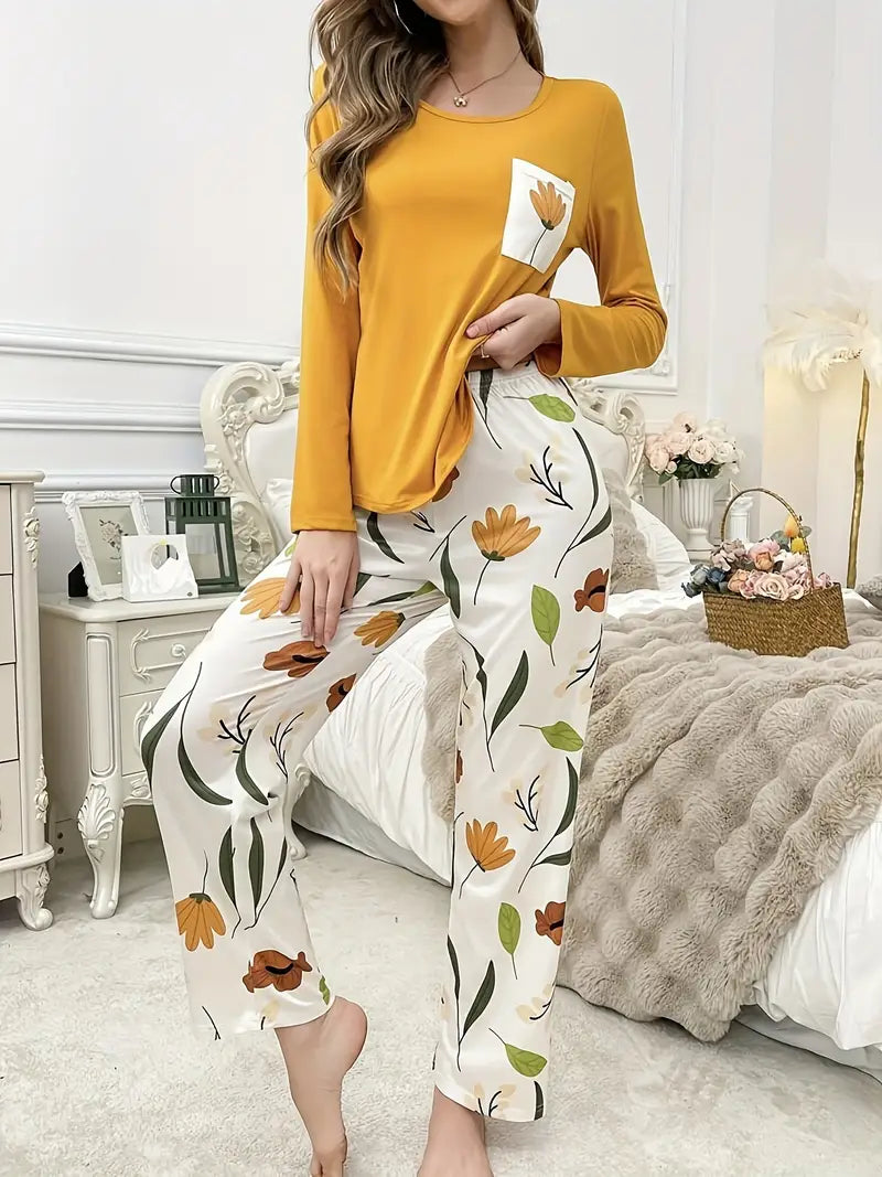 Yellow Flower Pocket Printed Pj set