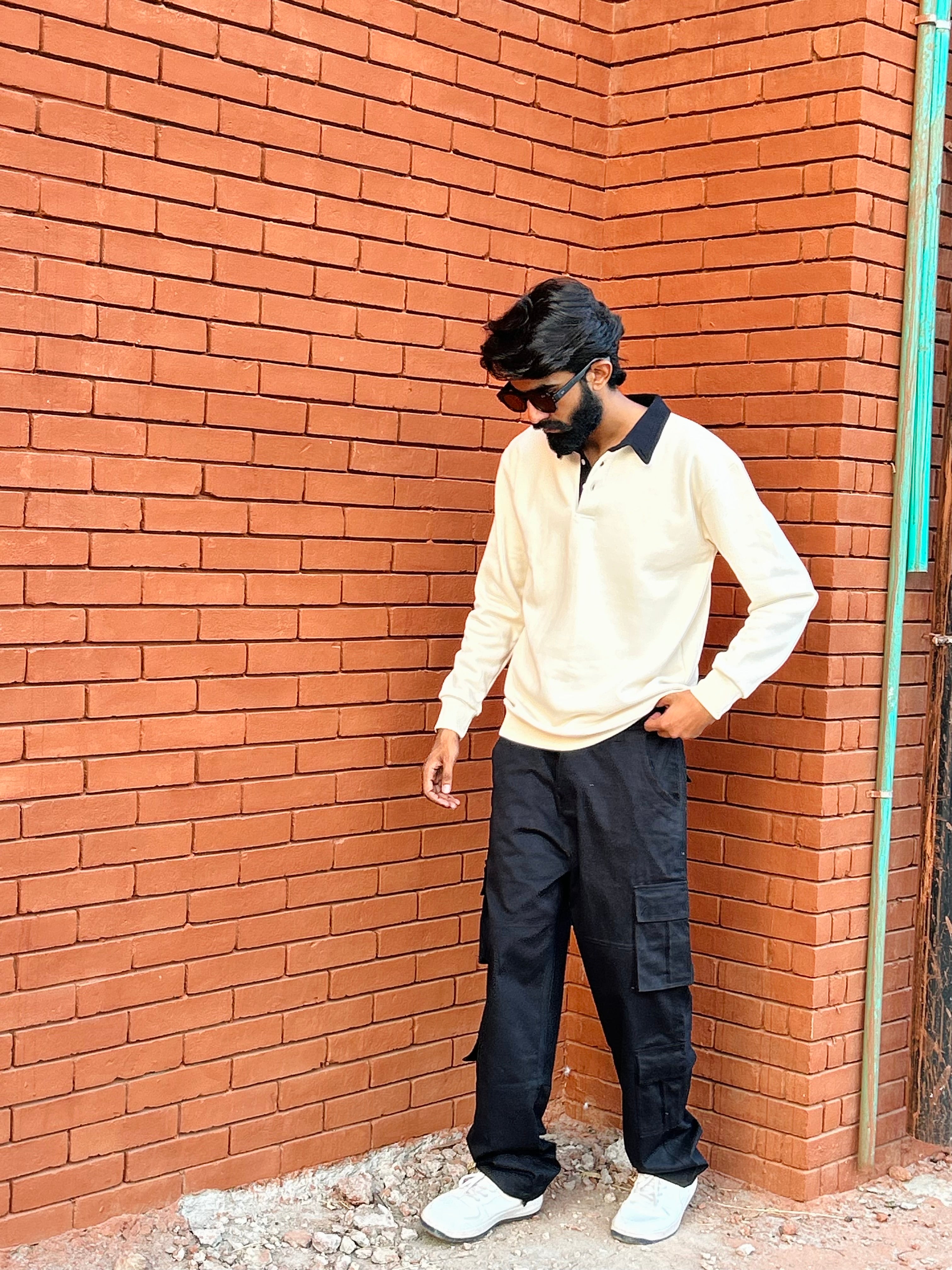 Beige  with Black Collar Fleece Polo For men