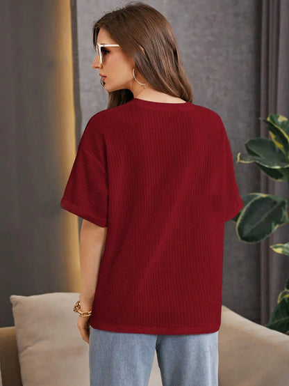 STYLOPHY - Premium Oversized Waffle Knitted Tee - Maroon