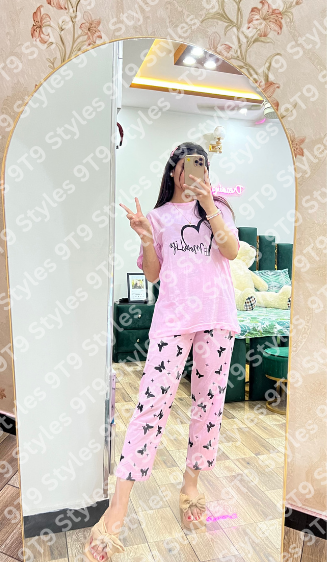 Pink Butterfly Printed Night Suit