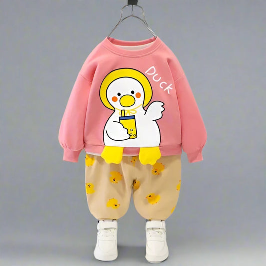 Pink duck Print Sweatshirt With Trouser For Kids