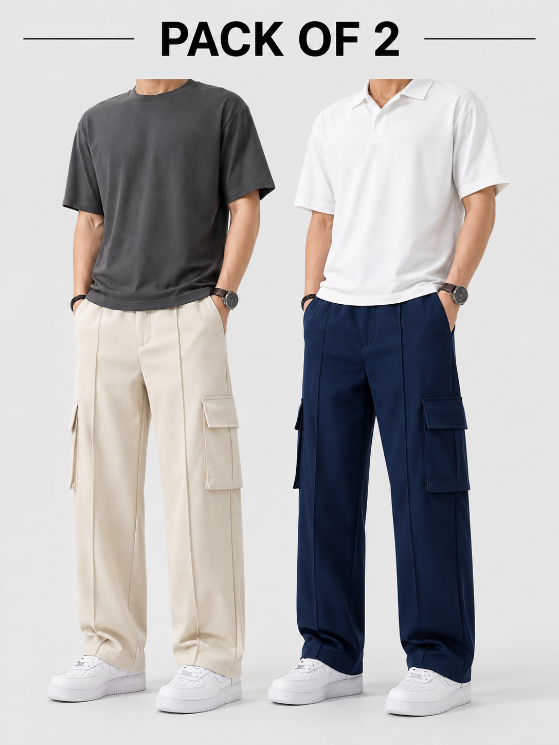 Pack of two Cargo Trousers ( Skin & Navy Blue )