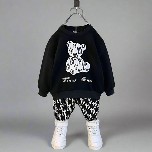 Black Bears Print Sweatshirt With Trouser For Kids