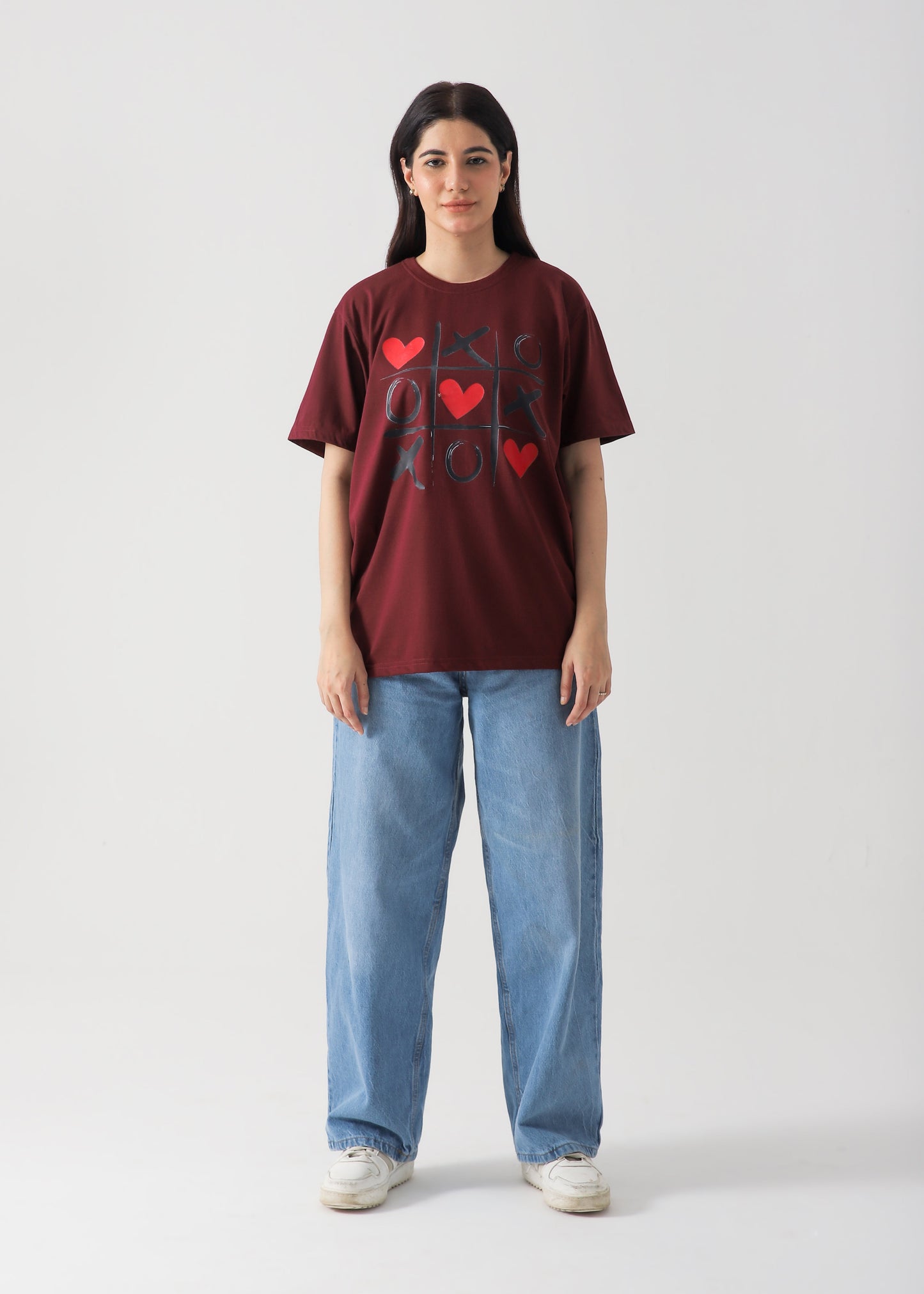 Tik Tac Toe Printed T-Shirt - Mehroon