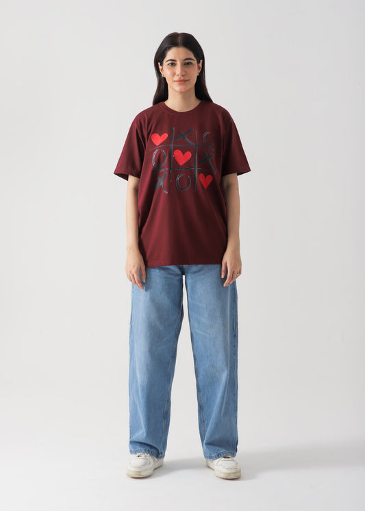 Tik Tac Toe Printed T-Shirt - Mehroon