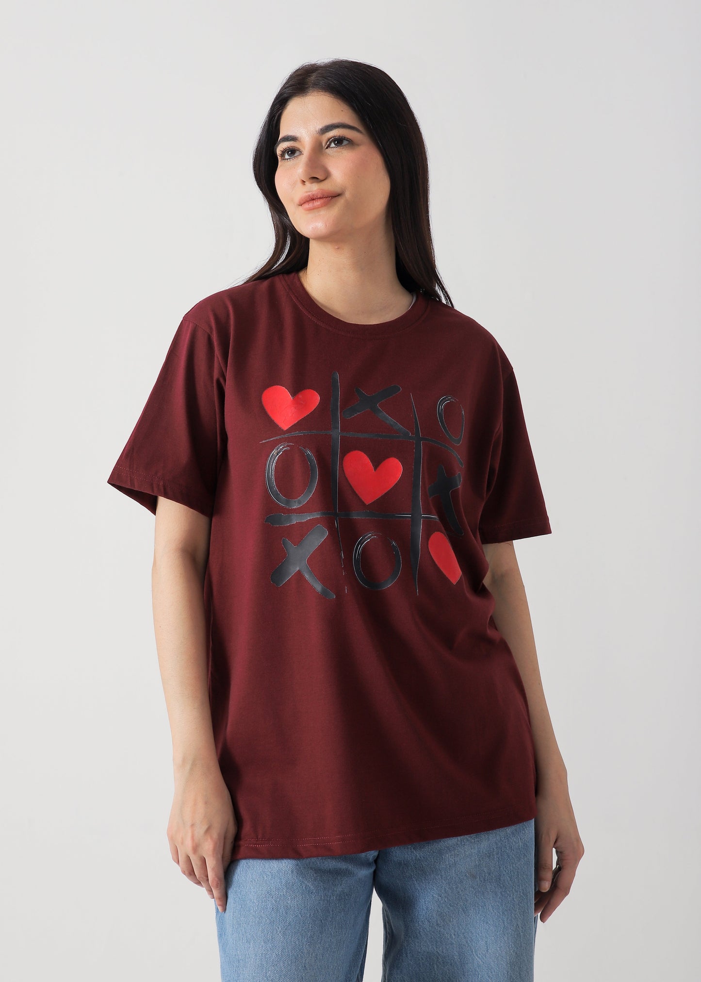 Tik Tac Toe Printed T-Shirt - Mehroon