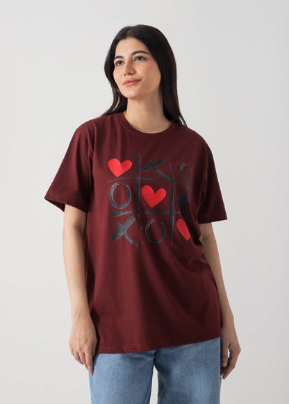 Tik Tac Toe Printed T-Shirt - Mehroon
