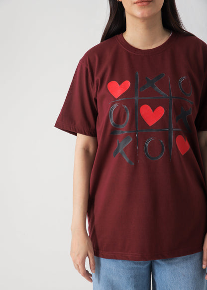 Tik Tac Toe Printed T-Shirt - Mehroon