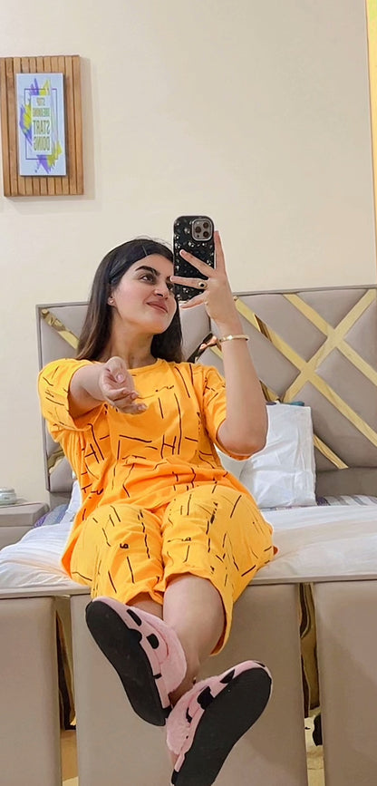 Yellow Printed Capri Night Suit