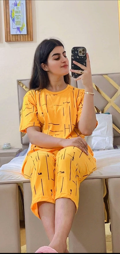 Yellow Printed Capri Night Suit