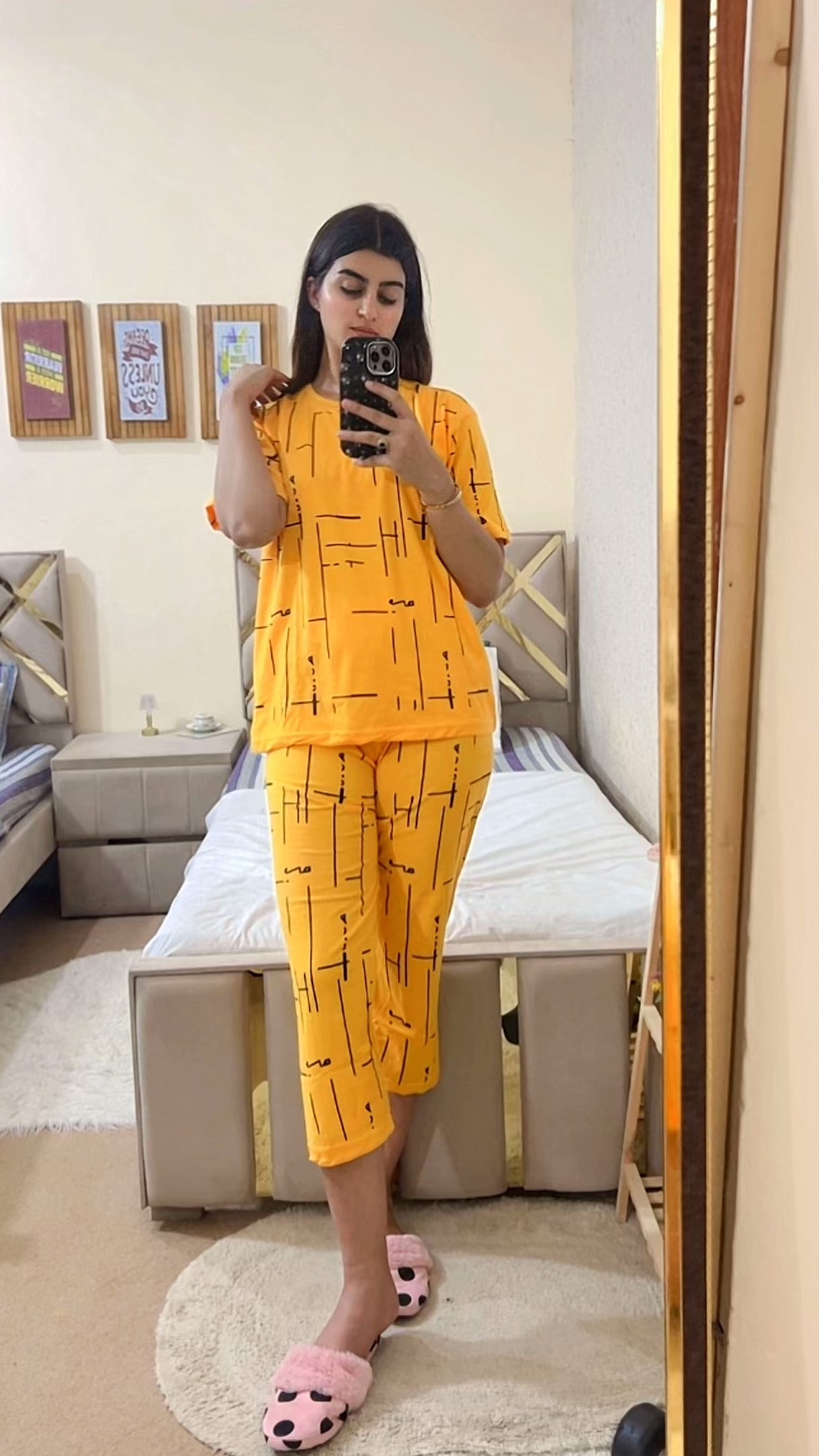 Yellow Printed Capri Pj set