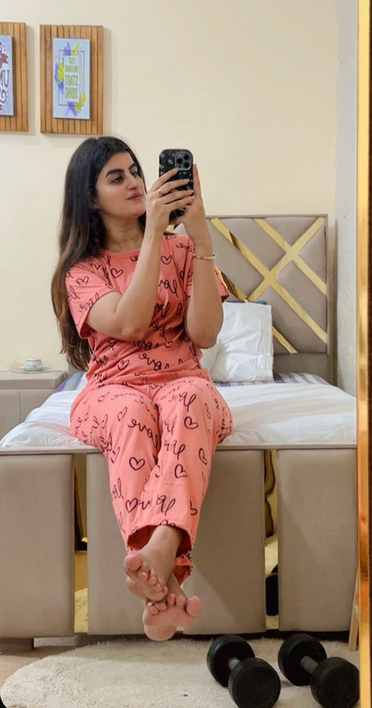 T-pink love heart printed night suit