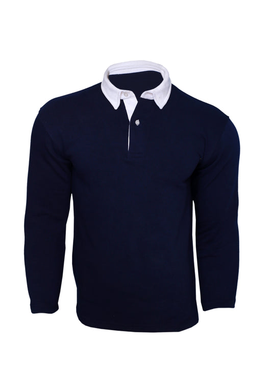 Navy blue with white multicolor Polo Collar Long Sleeves Sweatshirt