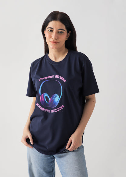 Headphones Printed T-Shirt -Navy Blue