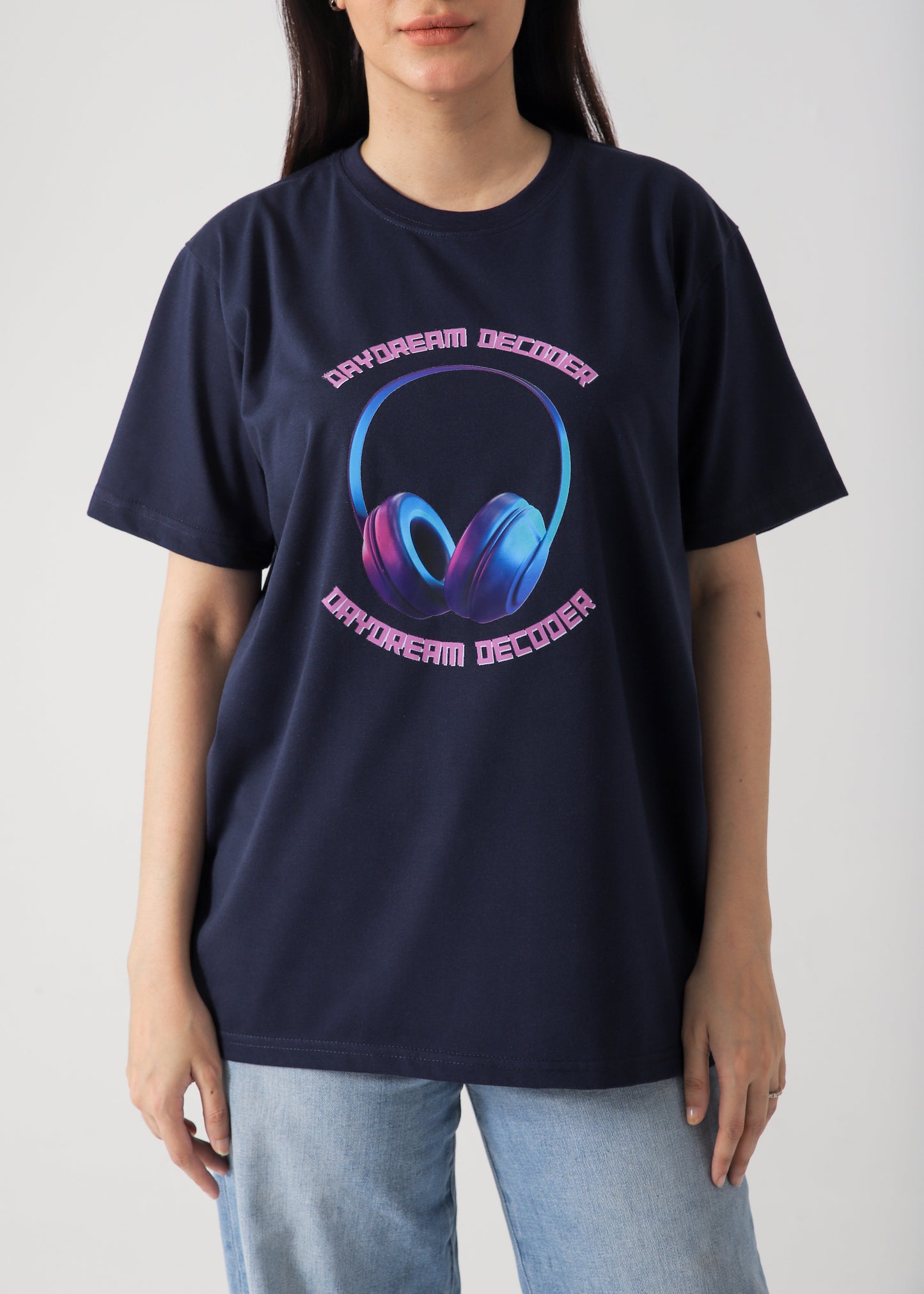 Headphones Printed T-Shirt -Navy Blue
