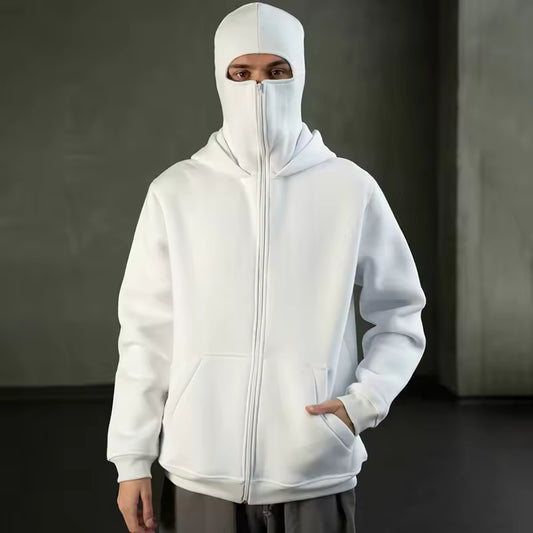 White Balaclava Ninja Zipper Hoodie Jacket For Men
