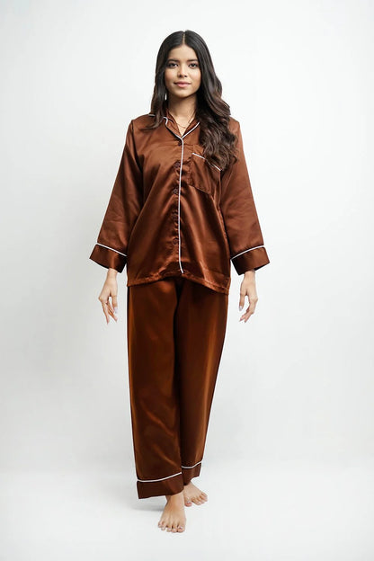 Brown Plain Silk Pj Set