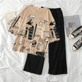 Creamy Funcky Planet Music With Black Pajama Printed Pj set