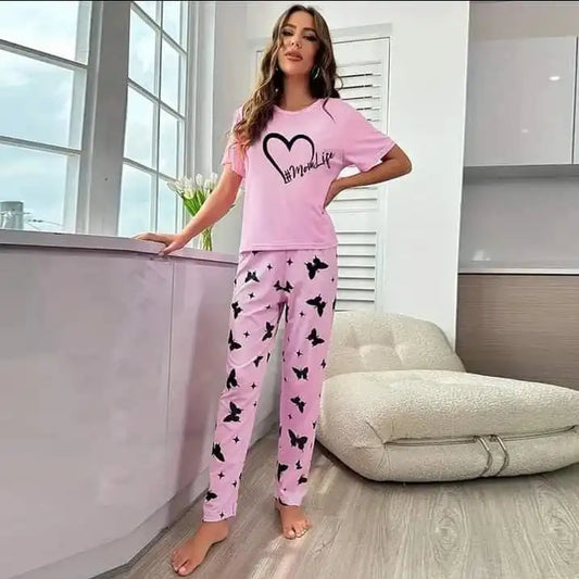 Pink Butterfly Printed Night Suit