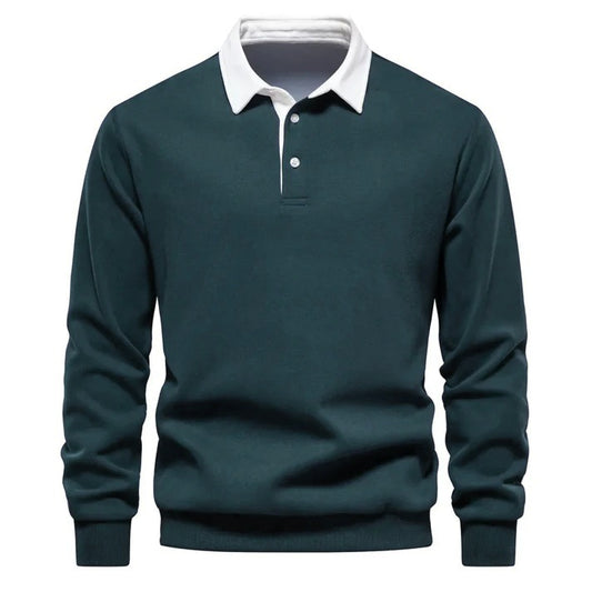 Green with white multicolor Polo Collar Long Sleeves Sweatshirt