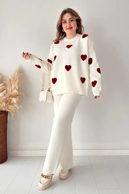9T9 Off White Heart Printed 2 PC Co-Ord Set