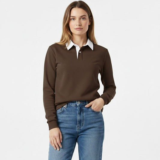 Brown with white Collar Fleece Polo For Women